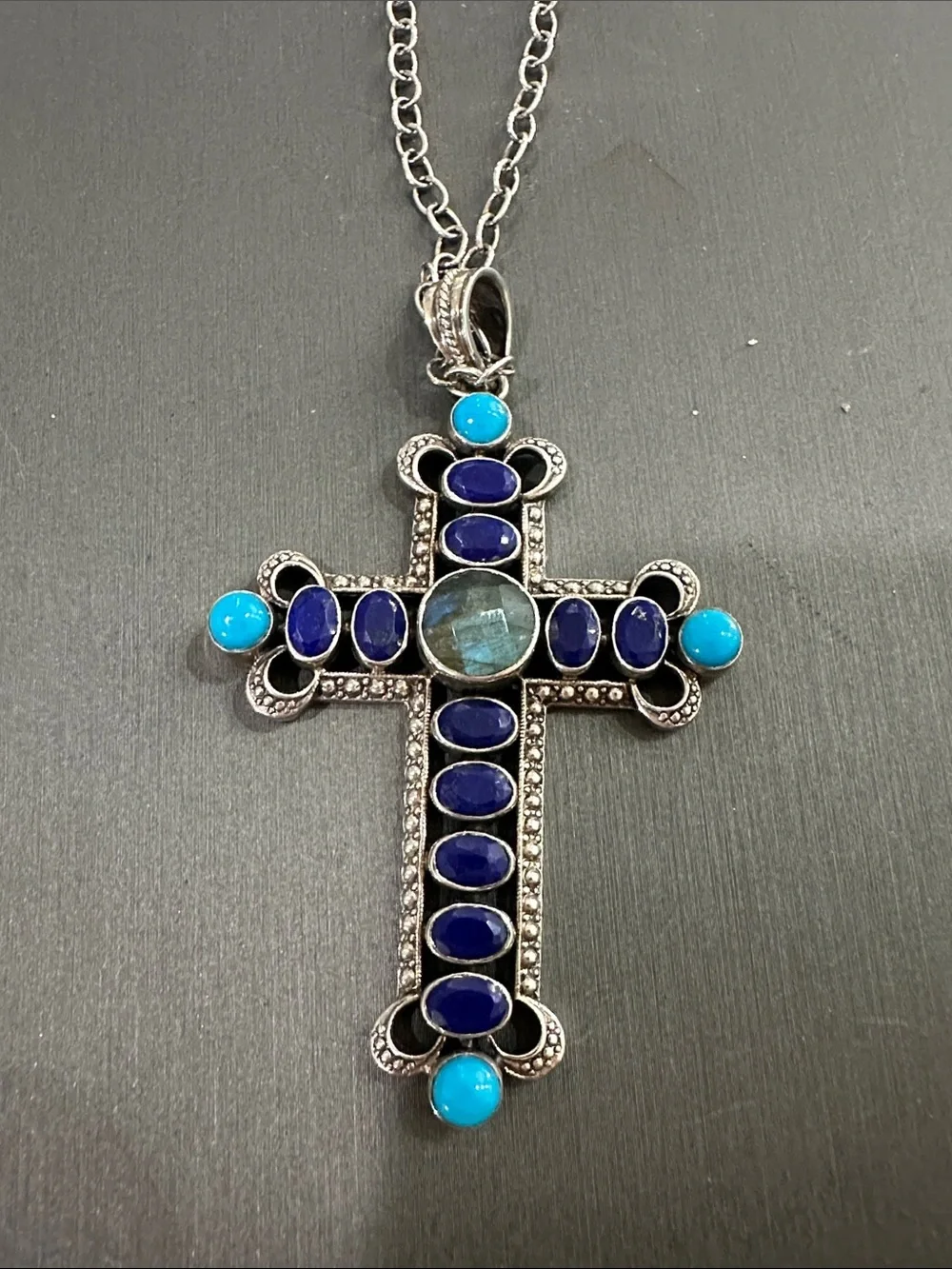 Nicky Butler Silver Cross Necklace with lapis Turquoise and Labordorite.